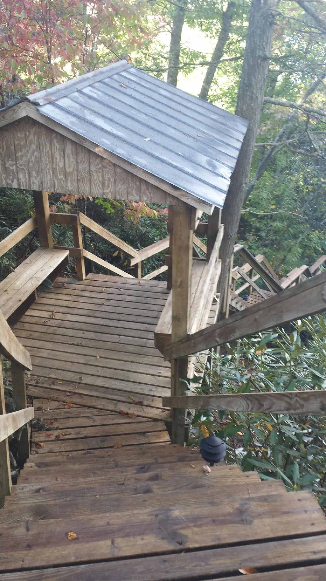 Metal roofed shelter over wooden steps on a wooded walkway — Skylight Repair & Installation work by our crew in Thurman